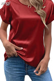 Summer Tops Woman Short Sleeve Silk Blouse Loose Casual O-Neck Solid Shirts Fashion Satin Clothing Elegant