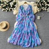 Temperament Elegant Dress Women's High-End Lantern Sleeves To Close The Waist Thin V-Neck Print Lotus Leaf Side