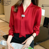 Women Shirts Satin Blouses for Women Fashion Long Sleeve Shirts Tops Woman Ribbon Blouse Tops Woman Bow Tie Shirt