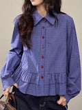 Plaid Shirt Woman 2025 Spring New Thin Soft Leaf Side Long-Sleeved Shirt Blouse Short