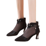 New Korean Version Of Fashion Tip Zipper High-Heeled Women's Sandals Large Size Water Drill Breathable Mesh Yarn Cool