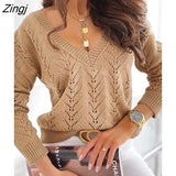 PETAL Knit V-neck Sweater For Woman Brown Casual Loose Long Sleeve Waistcoat 2023 Spring Autumn Pullover Tops