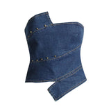Hot Girls Wind Niche Design 2025 Autumn Style Wipe Chest Irregular Slim Jeans Patchwork Jacket