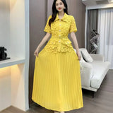 French-Style Suit Women's Fashion Collar Short-Sleeved Waist Top + High-Waisted 100-Folded Skirt Two-Set