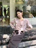 Xixi 2025 Autumn White Label Thin Temperament Hundred Lotus Leaf V Collar Chiffon Shirt Long-Sleeved Shirt Lady