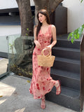Xixi 2025 Summer New Korean Version Of High-Waisted Holiday Sling Dress V-Neck Print Pure Desire Skirt