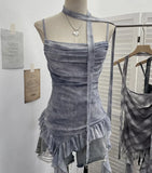 Shooting Round Neck Fluttering Dye Printing Irregular Lotus Leaf Side Mesh Slings Slings Sleeveless Top