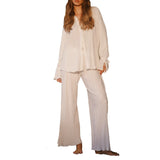 Women's 2025 Spring New Fashion Set Rolled Shirts Long Sleeves Open Pajamas Two-Sleeve