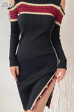Winter Knitting Mini Dresses for Women Sexy Strapless O-neck Long Sleeve Robe Femme Side Split Button Vestido Autumn