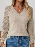 And Winter Sweater Women's Clothing Solid Color Knitting Long-Sleeved Hooks And Flowers Loose V-Neck Bottom