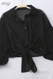 2023 Summer Half Sleeve Buttoned Up Shirt Loose Casual Blouse Chiffon Shirts Women Tied Waist Elegant Blouses for