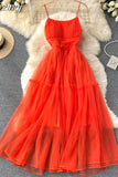 Women Sexy Mesh Spaghetti Strap Long Dress Summer Orange/Purple/Blue/Pink Ruffle A-Line Beach Robe Female Elegant Party