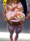 Pink Printed Chic Skinny Bandage Full-Sleeve Patchwork Short Tops&Sweet Hollow Mid-Waist Slim Yoga High Street