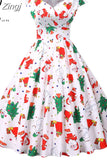 Print Vintage Christmas Dress Women Winter Big Swing Elegant Short Sleeve V Neck Sexy New Year Party