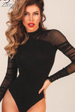 Sexy Solid Black Bodysuit for Women Fashion Long Lace Sleeves O-Neck Slim Stretchy Party Streetwear Autumn Female
