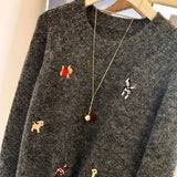 Cartoon Embroidery Round Collar Collar Sweater Women's Autumn And Winter New Design Small Soft Skin Knitting