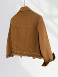 Zingj Kong Style Beauty Maillard Denim Coat Female Short Style Short Person Design Sense Fur Edge Brown Top New