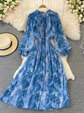 Women Printed Long Dress Vintage Ruffle Stand Collar Puff Sleeve High Waist Elegant Maxi Robe Female Big Swing