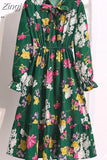 Women Dress Spring Autumn Long Sleeve Floral Print Bow Collar Chiffon Dress Elegant A-line Midi Winter Dress Vestidos Robe