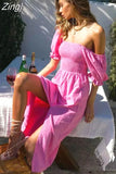 Dress Women Puff Short Sleeve Solid Pink Slash Neck Split Sexy Long Dress Casual Elegant Beach Vestidos