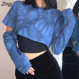 Dye T-shirts Women Blue Removable Sleeve Trendy Korean Style Chic Club Streetwear Popular Female Crop Top Ins Sexy Slim