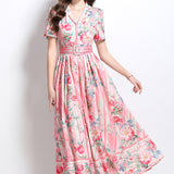 High-End Women's Dress 2025 Spring New Retro Collar Short-Sleeved Waist Print Long
