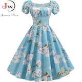 Dress Women Puff Sleeve Swing Vintage Dresses Robe Femme Elegant Floral Print Pin Up Party Dresses