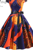 Women Short Sleeve Print Vintage Halloween Party Midi 50s 60s Casual Elegant Summer Floral Dresses Robe Femme