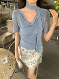 Xixi 2025 Summer New Korean Style Elegant Solid Color Collar Short Sleeve Bottom Shirt T-Shirt Top Women