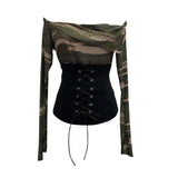 Real Shot Of The Hottie Shoulder Mesh Hot Diamond To Receive The Belt Strap Horn Long Sleeve Top Short T-Shirt