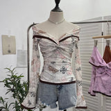 Oil Painting Print Collar A Word Twisted Folded Short-Sleeved Trumpet Blouse