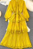 Autumn Women Lace Long Dress Vintage Round Neck Lantern Sleeve High Waist Cascading Ruffle Pleated Party Maxi