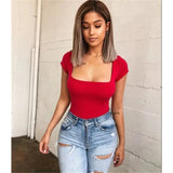 Zingj Fashion Square Collar Sexy Slim Base Bottom Solid Color Short Sleeve Onesie Top