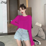 Sleeve T-shirts Women Spring Solid Loose Crop Top Sexy New Trendy Leisure Girls T-shirt Korean Stylish Teens All-match
