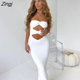 Women Solid Color Bodycon Strapless Dress Fashion Knots Ribbed Hollow Plain Hip Summer Tight Long Party/Club/Bar