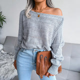 Explosion Autumn And Winter Word Collared Shoulder Hollow Knitted Casual Knitted Sweater Women's