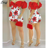 Fashion Holiday Floral Print Off Shoulder Knotted Puff Sleeve Skinny Shorts Skorts Fairy Casual One Piece Women