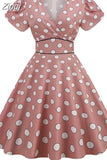 60s 50s Big Swing Summer Dress Women Causal Robe Midi Pin-Up Tunic Sundress Short Sleeve V Neck Party