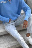 Women's Zipper Sweater Oversize Warm Green Pullovers Long Sleeve Solid Polo Jumper Casual Thick Knitted Sweaters for