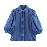 Women's Clothing Explosion Fashion Cowboy POLO Collar Sleeve Shirt + Trousers