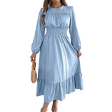 Shooting 2025 Autumn And Winter Pure Color Elegant Wood Ear Waist 100 Folding Long Dress Women's