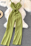 Sexy Women Romper Female Red/Orange/Black Sleeveless High Waist V-Neck Wide Leg Playsuit With Sashes New Fashion