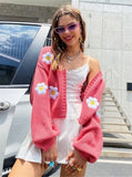 Women's Autumn New Sweet Flower Pattern Sweater Open Shirt Loose Short Knitted Women's