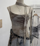 Girls Newspaper Tie-Dye Printing Net Waste Vest Irregular Rope Ribbon