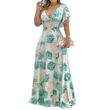 New Women's Temperament V-Neck Waist-Print Dress Fashion