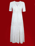 Dresses Women Cotton Patchwork V-Neck Short Sleeve Maxi Dress Female Single Breasted Hollow Out Beach Long Dress