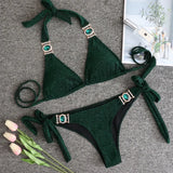 Zingj Sexy Shiny Special Fabric Swimwear Crystal Diamond Bikini Gold Straps Women's