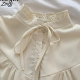 Lace-Up Kawaii Shirt Women New In Korean Preppy Style Button Up Elegant Blouse Mujer De Moda Loose Top Japanese