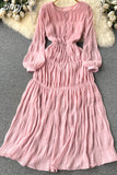 Autumn Women Draped Chiffin Dress Femael Vintage Round Neck Puff Long Sleeve High Waist A-Line Loose Pleated Robe
