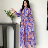 Women's Autumn Dress French Bubble Sleeves Long Heavy Industry Pressure Folds High-Grade Chiffon Floral Fall-In-Action